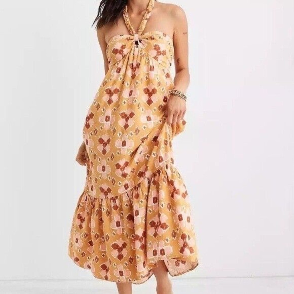 Aerie Women's Gold High Low Halter Braided Tie Linen Maxi